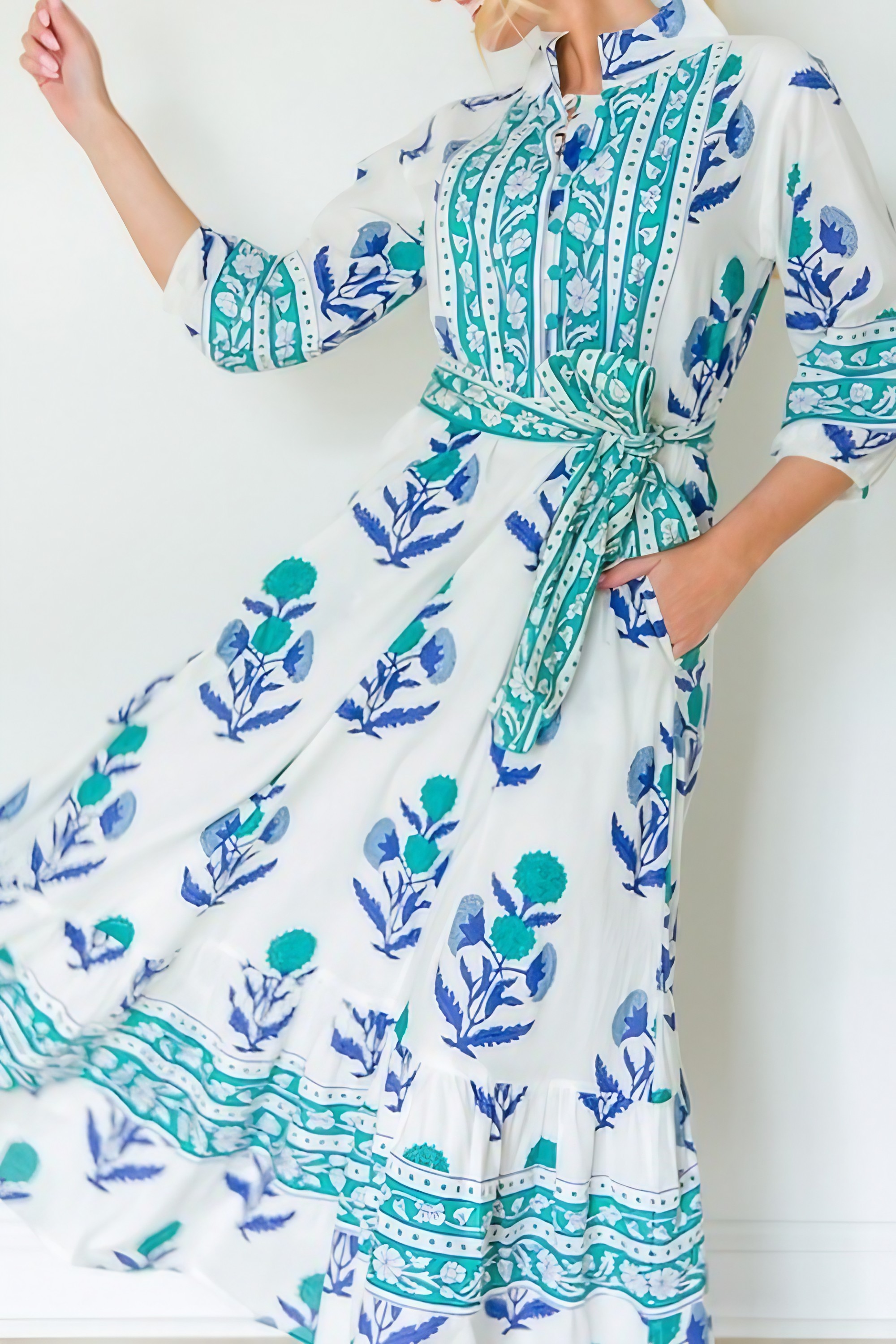 Stand Collar Button-down Waist Printed Maxi Dress