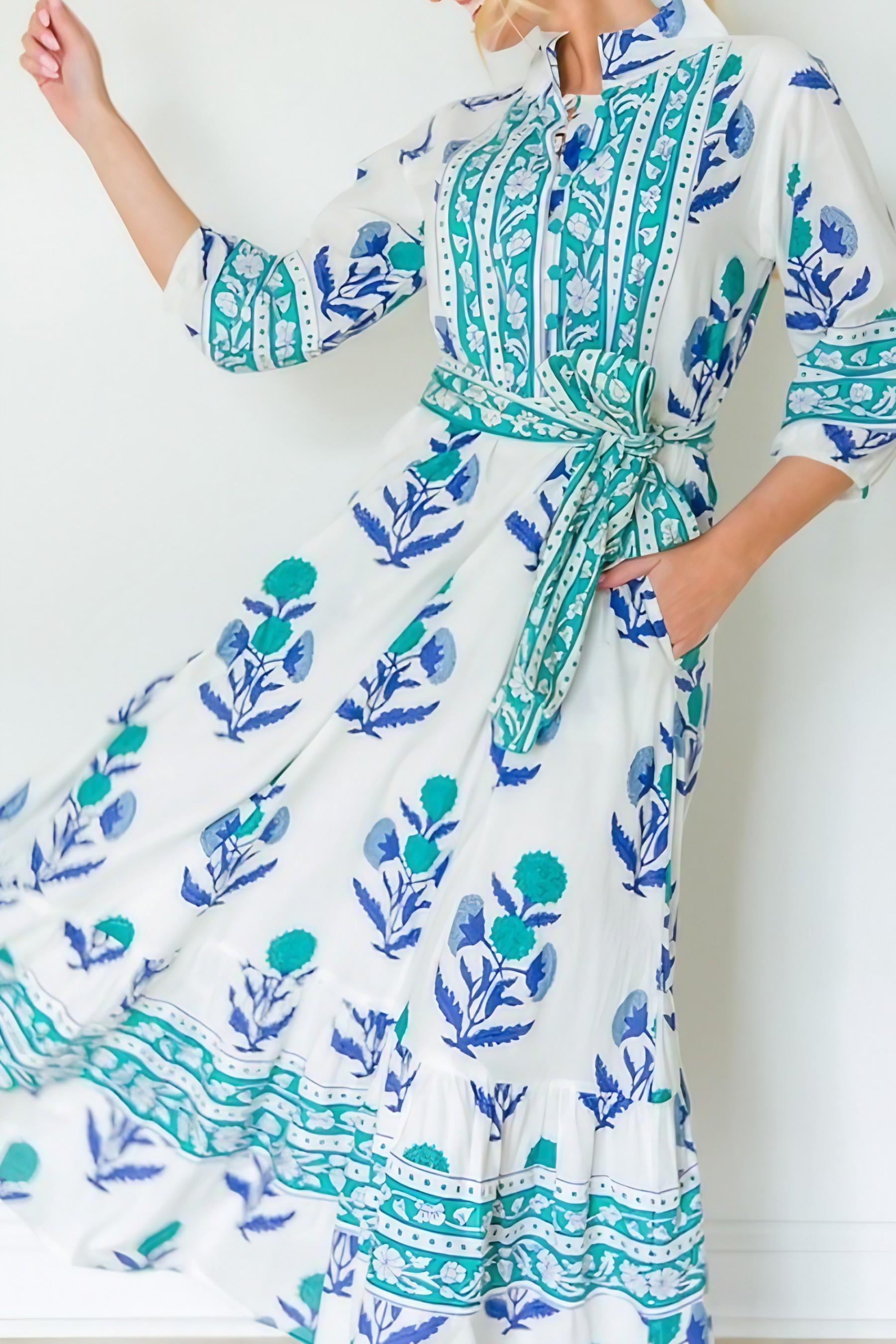 Stand Collar Button-down Waist Printed Maxi Dress