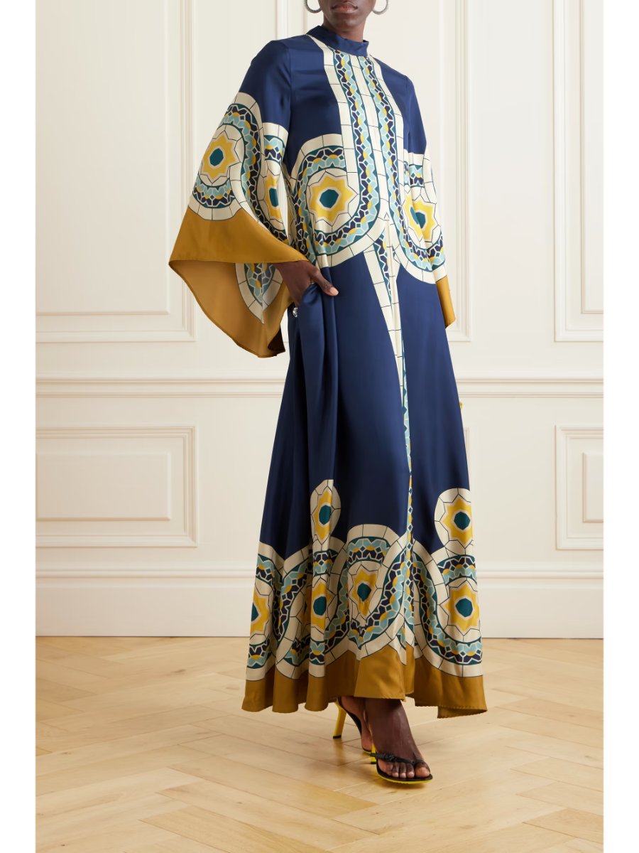Stand-up Collar Waterfall Sleeve Printed Maxi Dress
