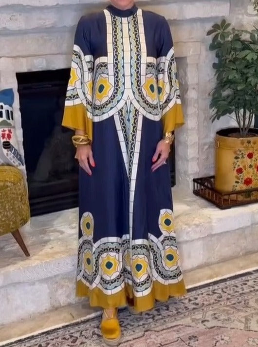 Stand-up Collar Waterfall Sleeve Printed Maxi Dress