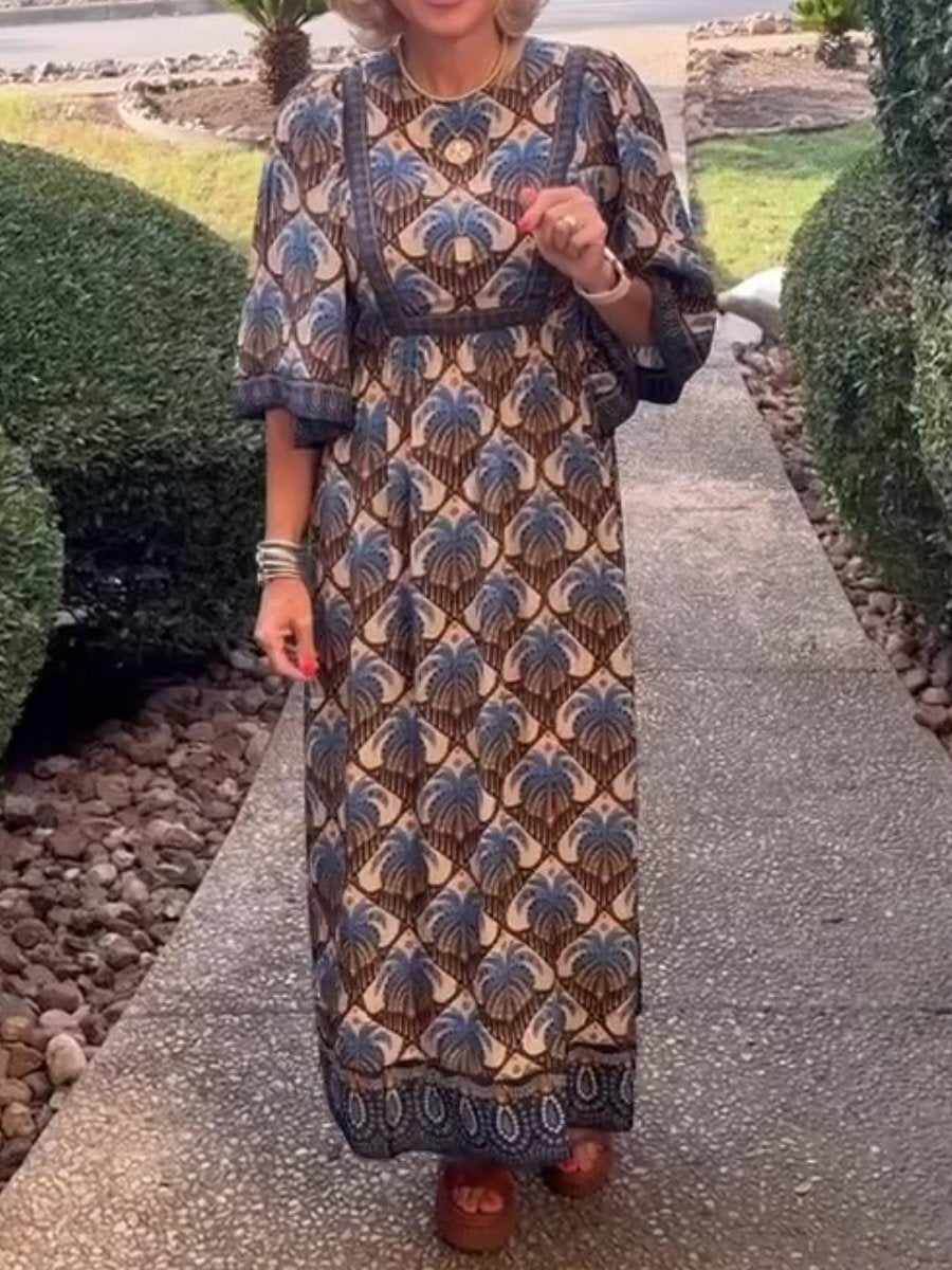 Wide Sleeve Printed Midi Dress In Brown