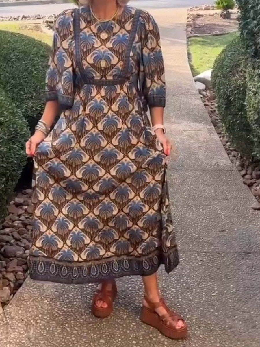 Wide Sleeve Printed Midi Dress In Brown