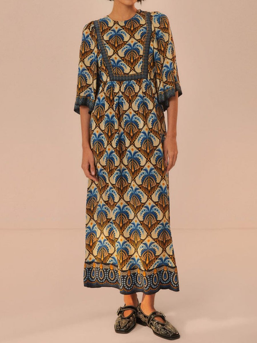 Wide Sleeve Printed Midi Dress In Brown