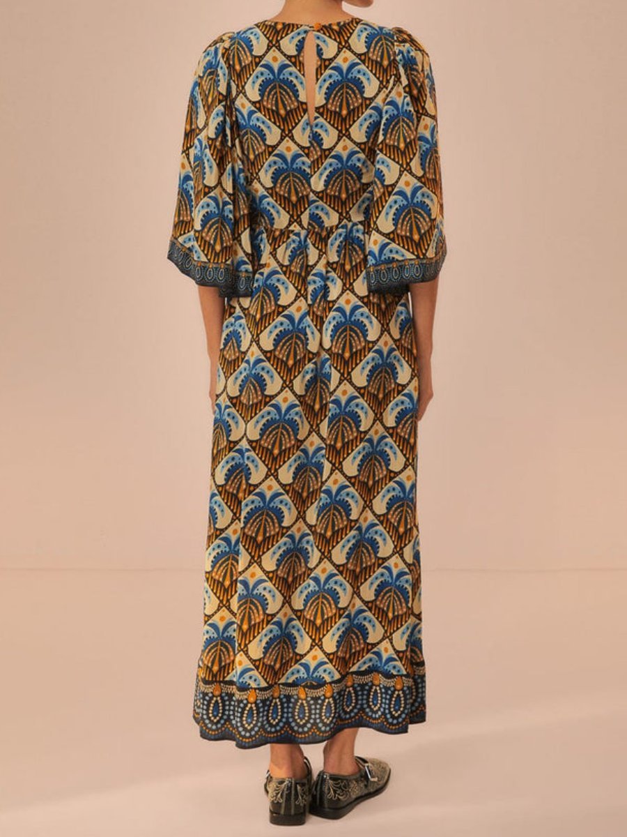 Wide Sleeve Printed Midi Dress In Brown