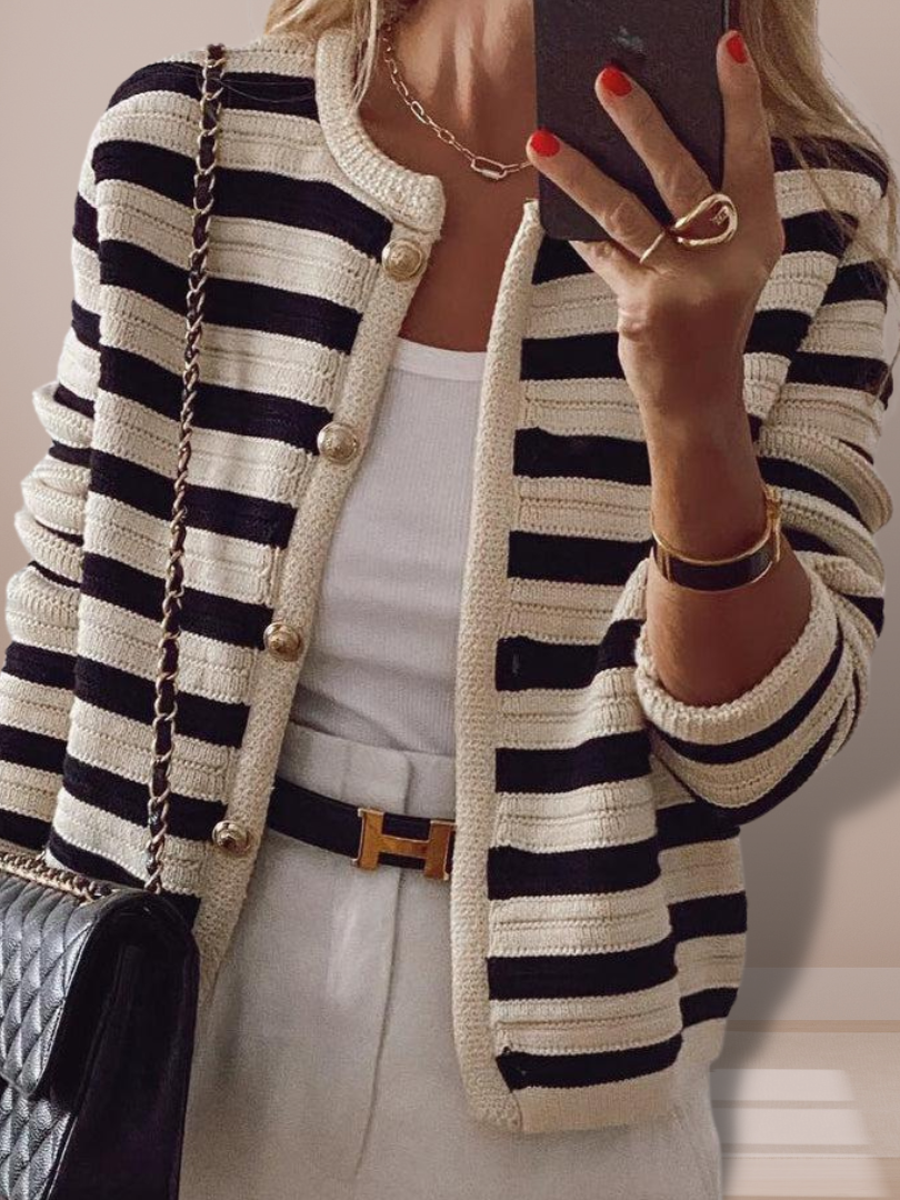 Striped Round Neck Knit Cardigan