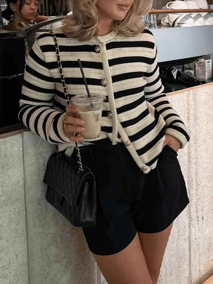 Striped Round Neck Knit Cardigan