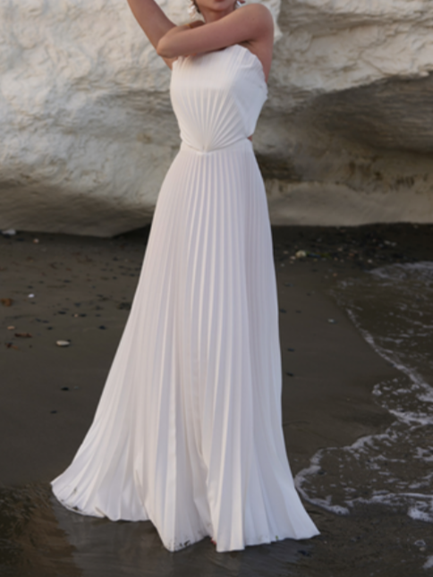 Pleated Off-Shoulder Gown Dress