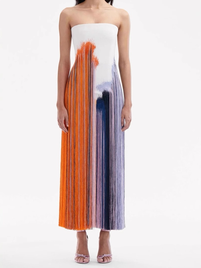 Sleeveless Waist Multicolor Fringe Maxi Dress