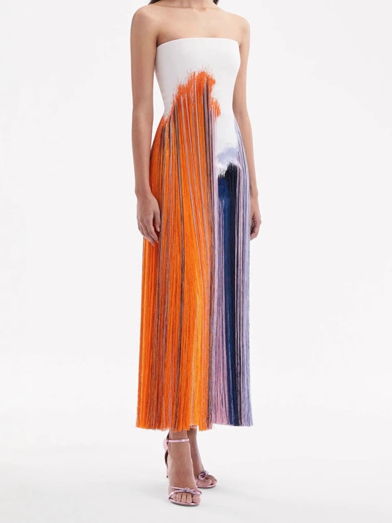 Sleeveless Waist Multicolor Fringe Maxi Dress