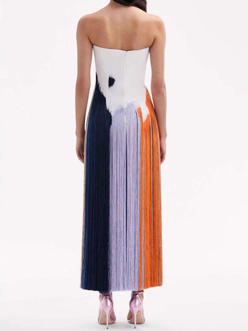 Sleeveless Waist Multicolor Fringe Maxi Dress