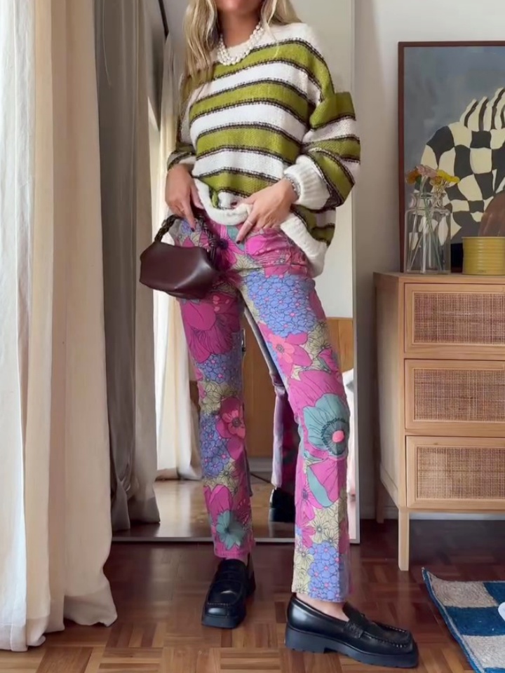 Pink Floral Print Casual Pants