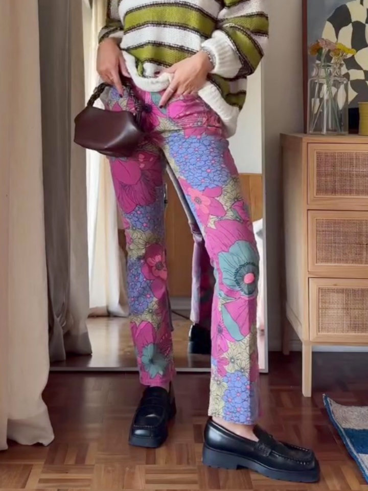 Pink Floral Print Casual Pants