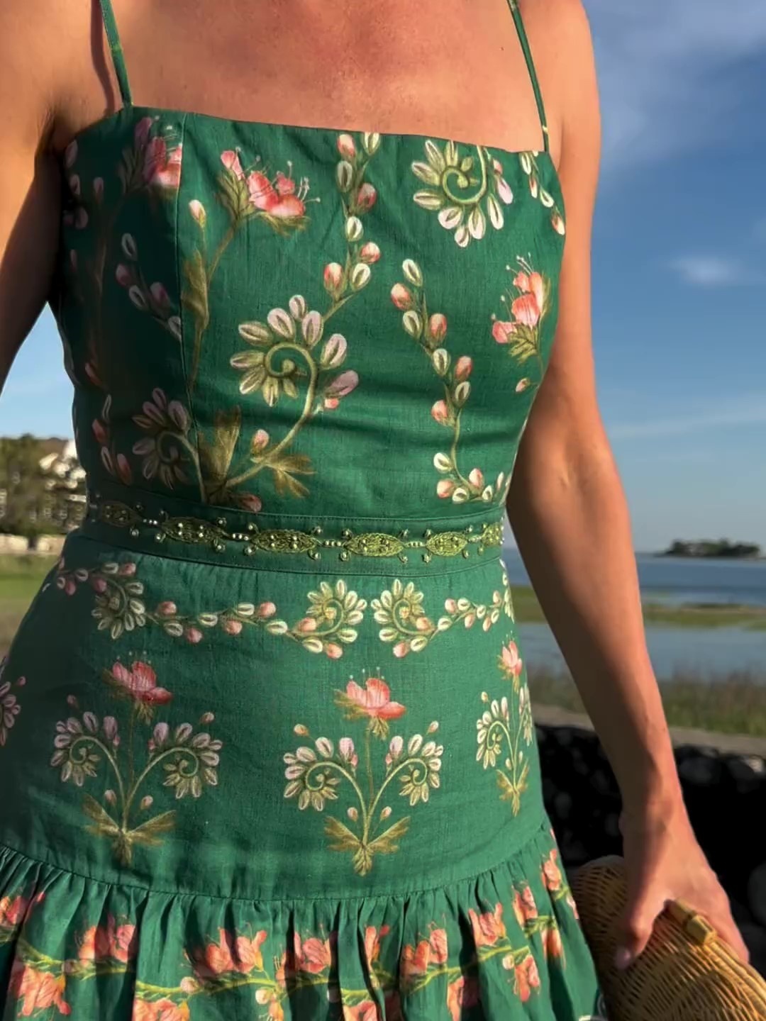 Green Floral Linen Maxi Dress