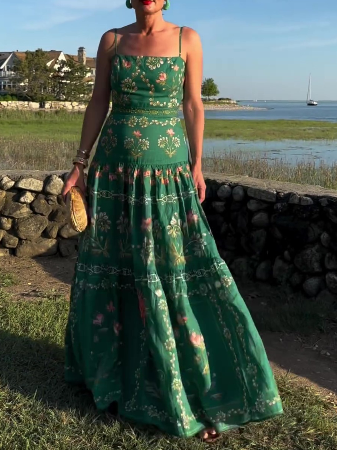 Green Floral Linen Maxi Dress