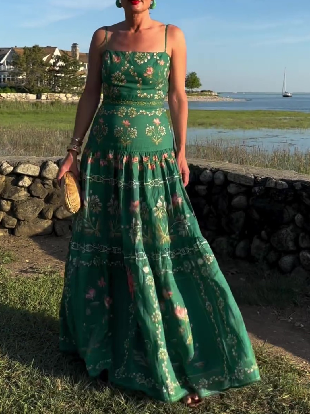 Green Floral Linen Maxi Dress