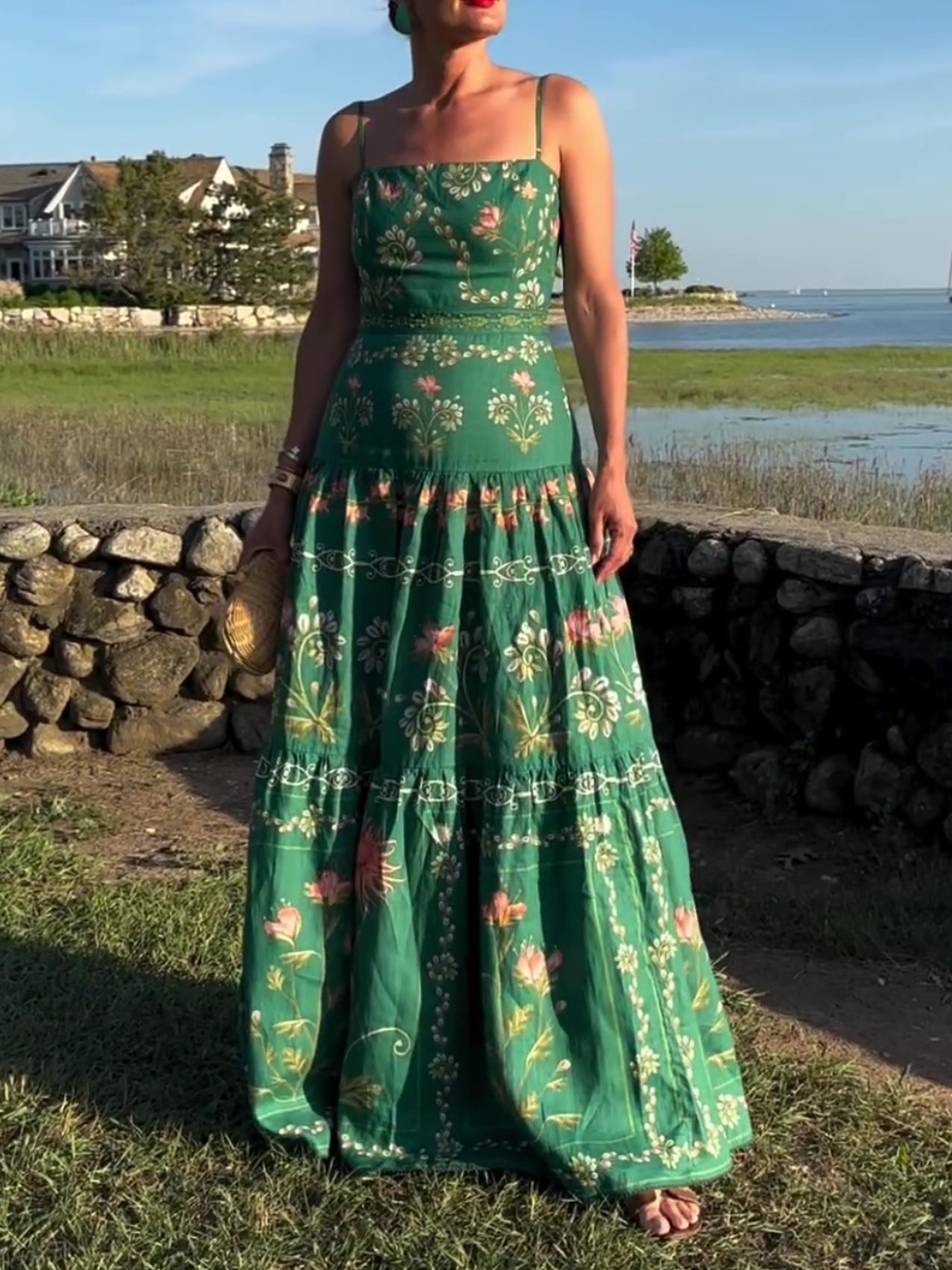 Green Floral Linen Maxi Dress