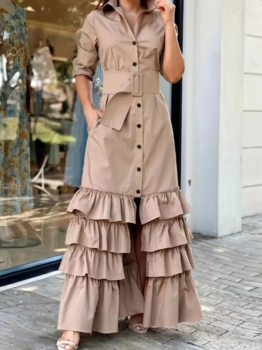 Long Solid Color Lapel Buckle Belt Dress