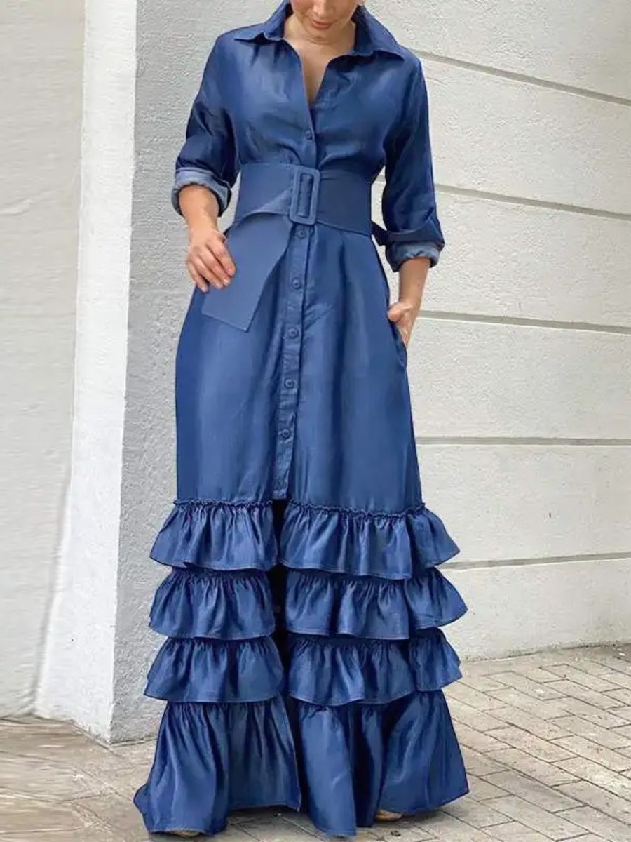 Long Solid Color Lapel Buckle Belt Dress