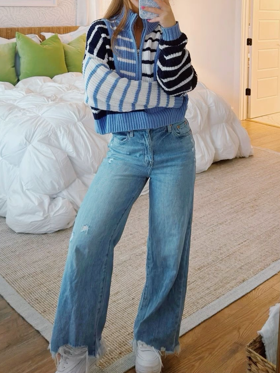 Colorblock Striped Zipper Knit Sweater