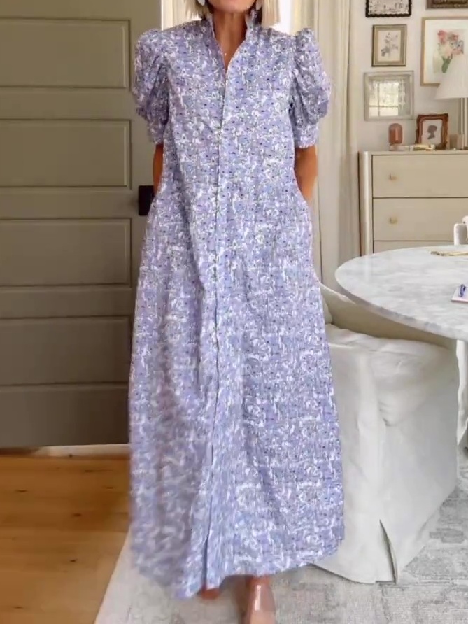 Purple Print Ruffle Collar Maxi Dress