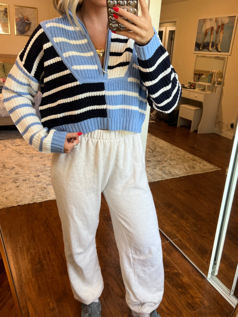 Colorblock Striped Zipper Knit Sweater