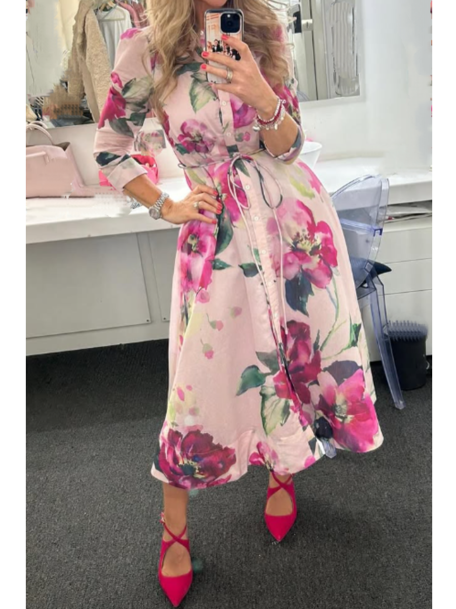 Romantic Floral Pocketed Shirt Dress