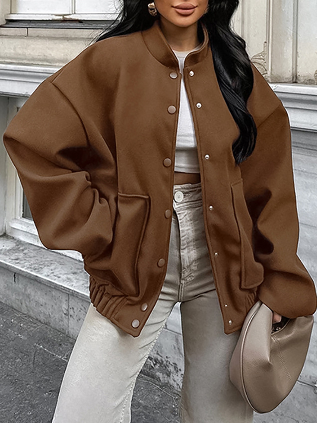 Brown Stand Collar Tweed Coat