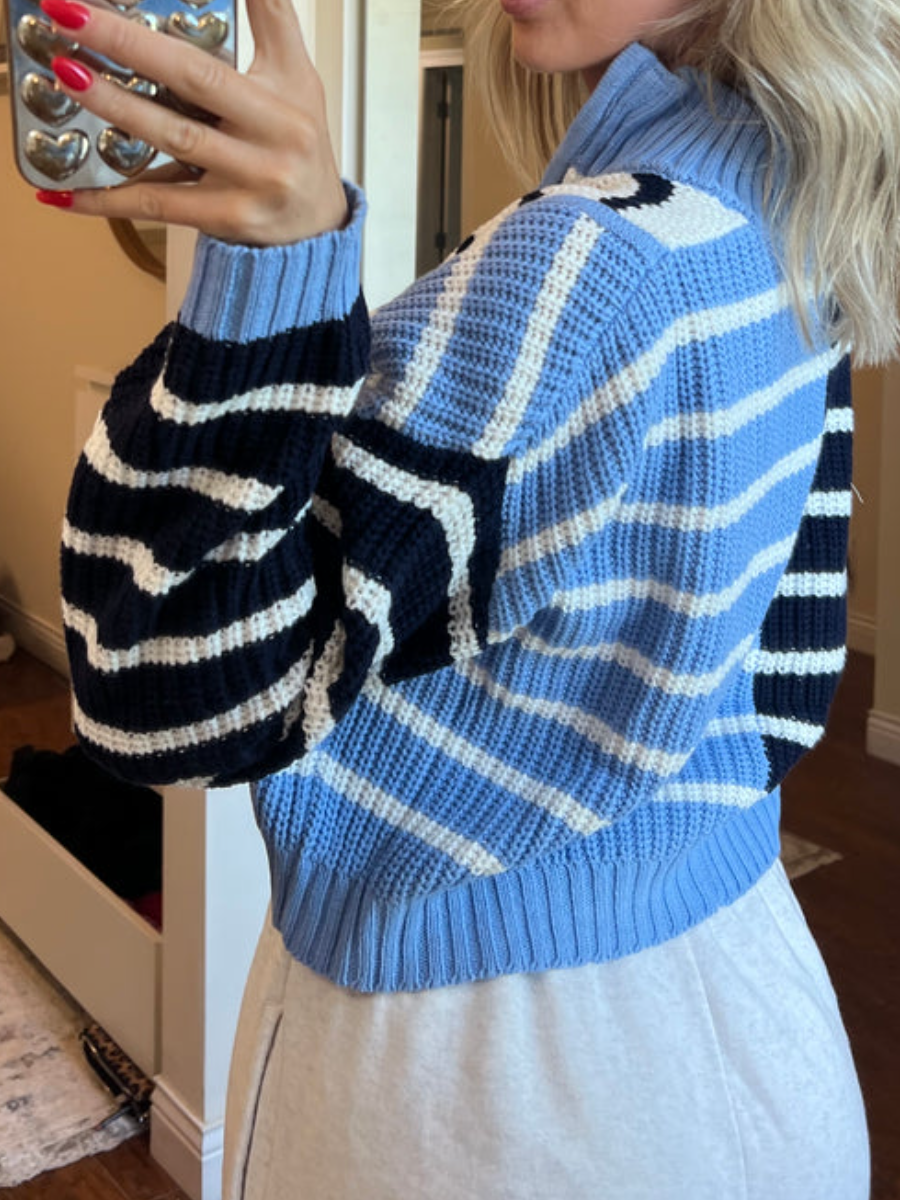 Colorblock Striped Zipper Knit Sweater