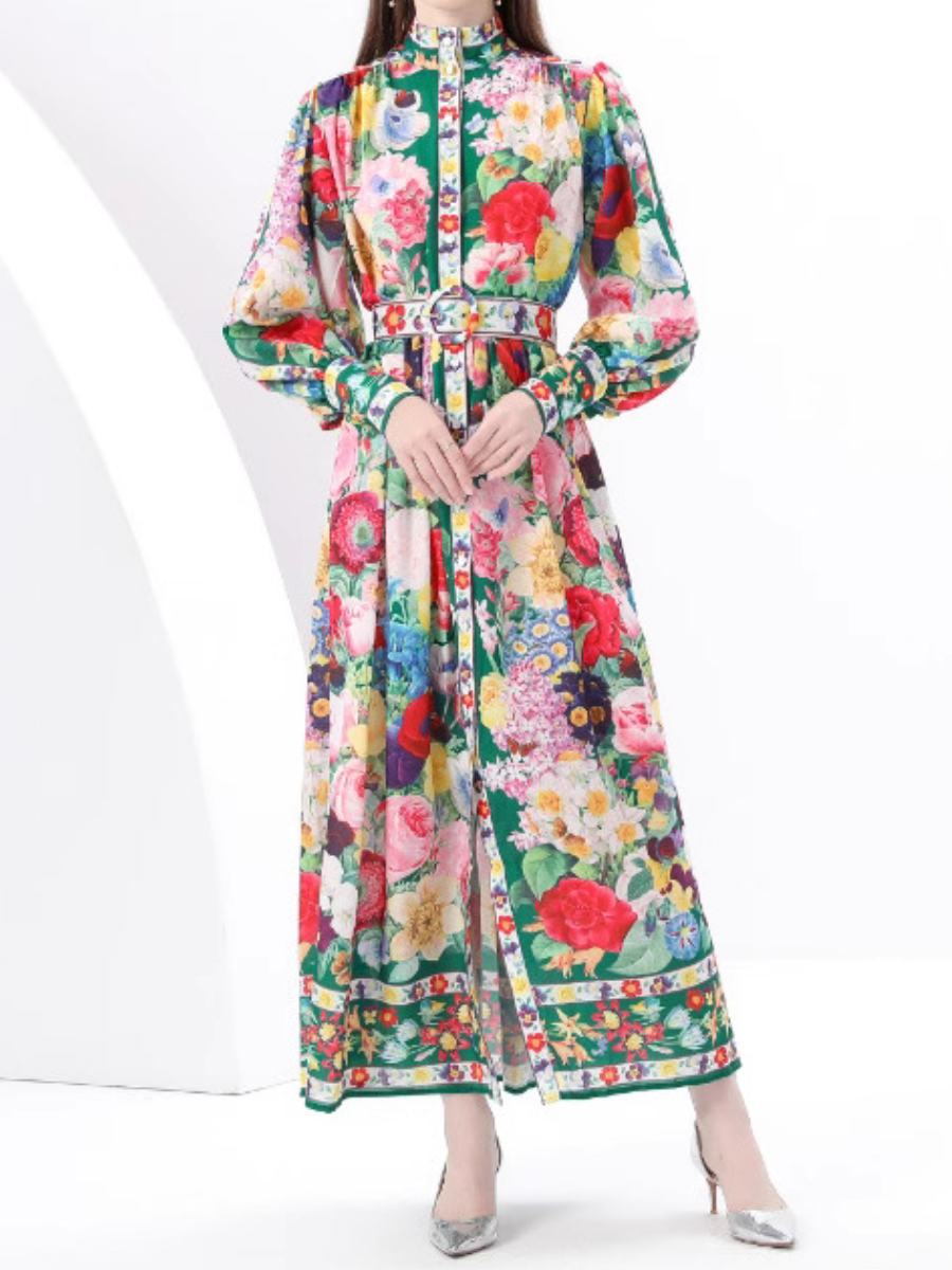 Lantern Sleeve Tight Waist Elegant Printed Dress