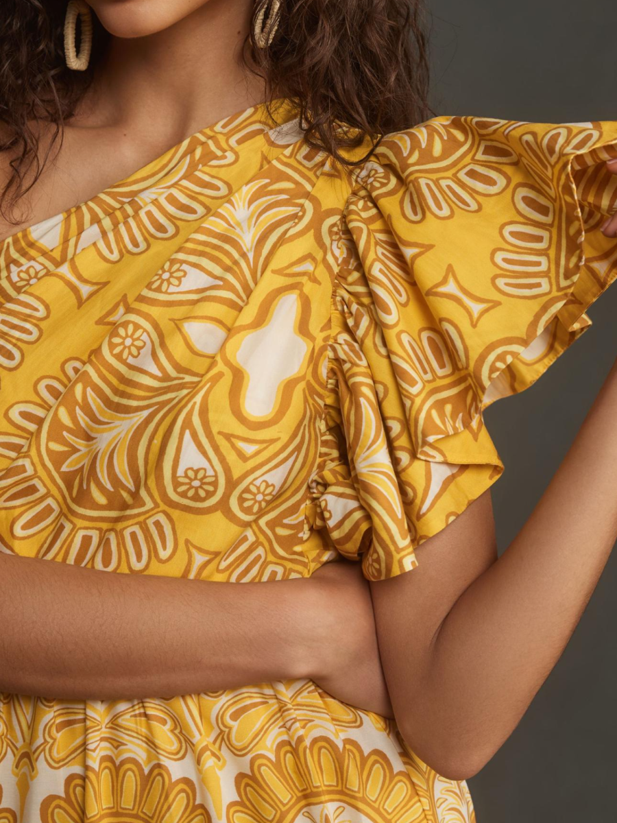 Flouced Printed One Shoulder Maxi Dress