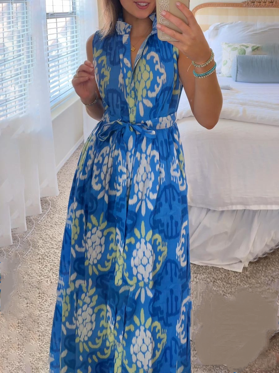 Side Pockets Printed Ruffle Collar Dress