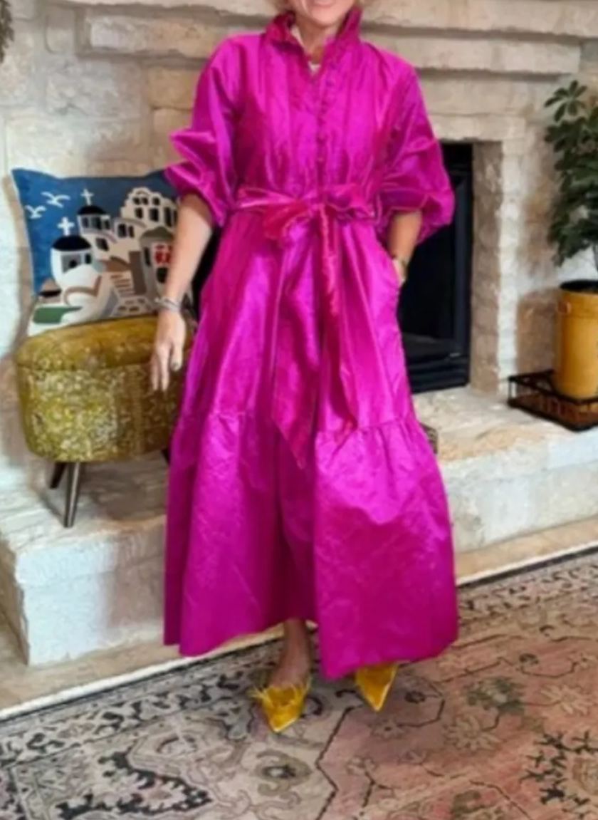 Hot Pink Raw Silk Maxi Dress