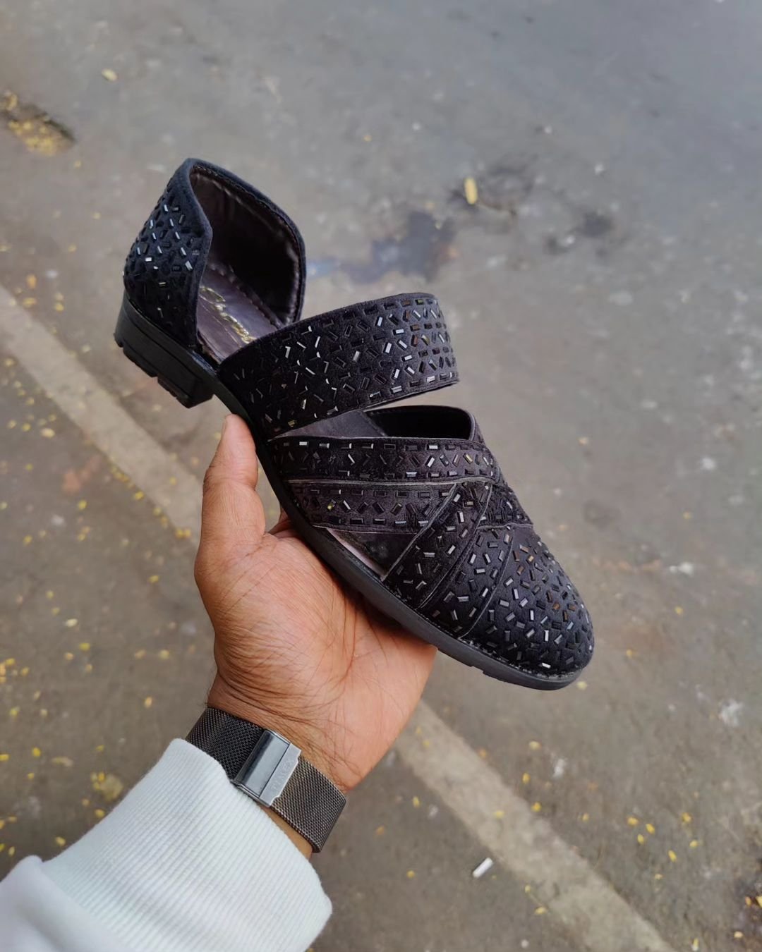 Hand-encrusted Obsidian Sandals