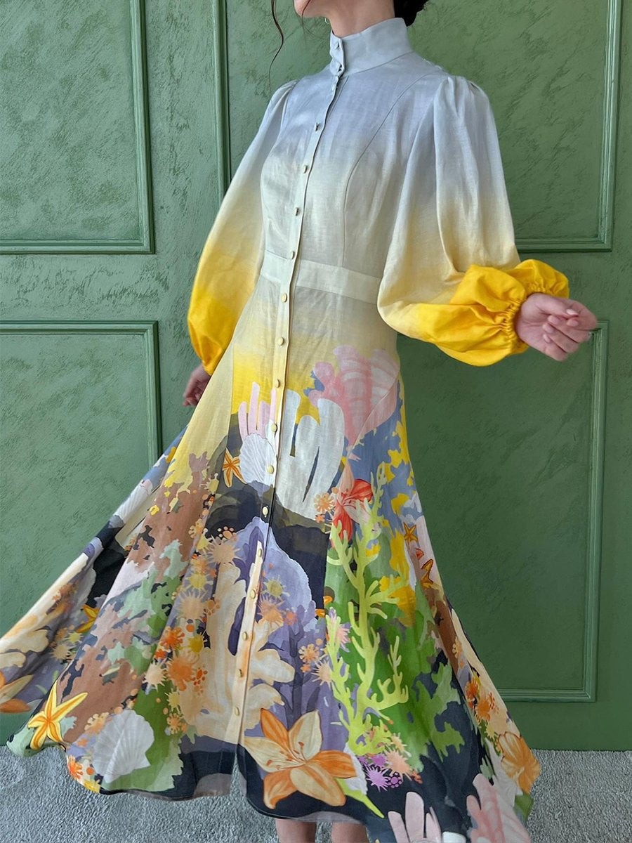 Vintage Lantern Sleeve Single-breasted Floral Dress
