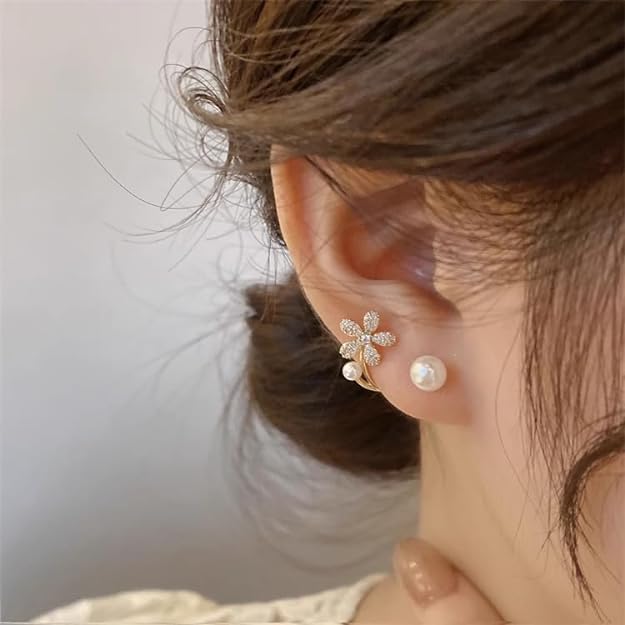 Pearl Ear Cuff Earrings for Women Rhinestone Flower Earrings Pearl Flower Stud Earrings Flower Front Back Earrings Wedding Earrings Jewelry Gifts