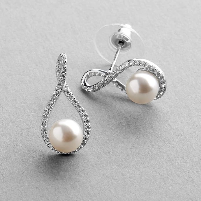 Forset-snail  Eternity Symbol Cubic Zirconia Infinity Wedding Earrings with Lustrous Simulated Cream Pearls
