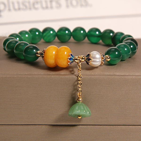 BlessingGiver Freshwater Pearl Lotus Pod Green Agate Crystal Growth Balance Bracelet BlessingGiver