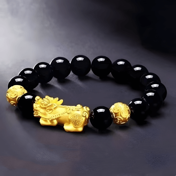 BlessingGiver Gold Plated Brass Pixiu Agate Obsidian Sanskrit Fortune Bracelet BlessingGiver