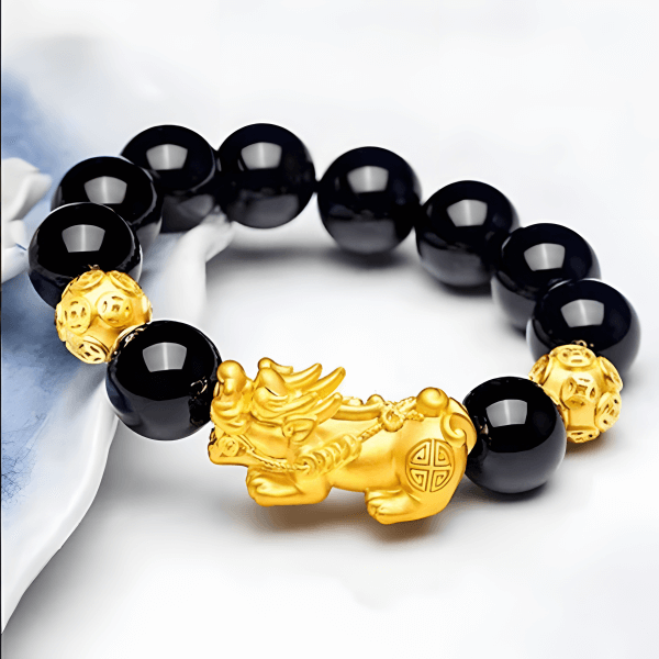 BlessingGiver Gold Plated Brass Pixiu Agate Obsidian Sanskrit Fortune Bracelet BlessingGiver