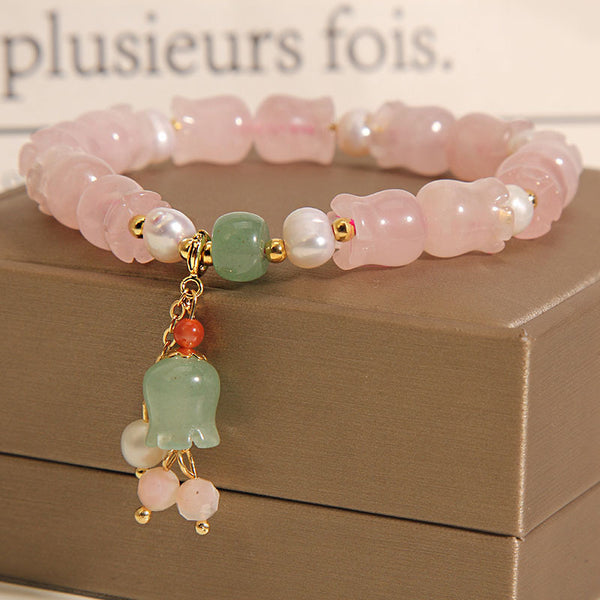 BlessingGiver Lily of The Valley Natural Green Aventurine Pink Crystal Luck Pearl Soothing Love Bracelet BlessingGiver