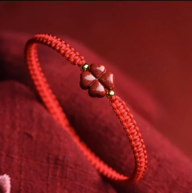 BlessingGiver Natural Cinnabar Four-Leaf Clover Red String Luck Growth Anklet Bracelet BlessingGiver