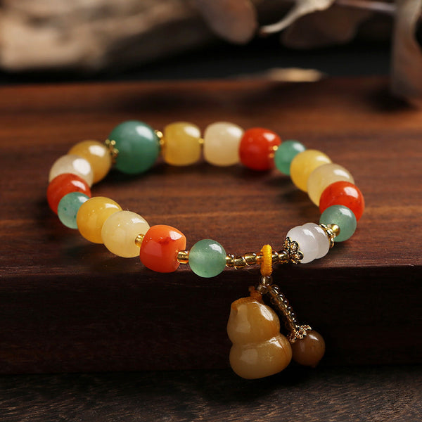 BlessingGiver Natural Golden Jade Colorful Jade Barrel Beads Gourd Pendant Ethnic Style Bracelet BlessingGiver