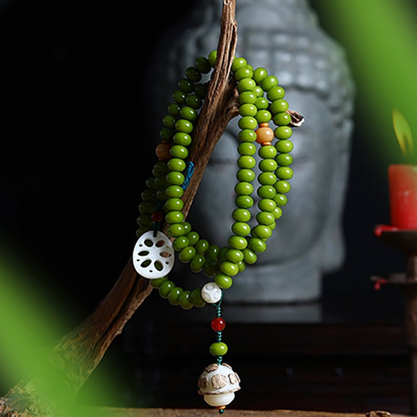 INNERVIBER 108 Beads MALA Green Bodhi Mushroom Lotus Root Bracelet Necklace INNERVIBER