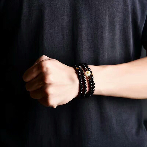 INNERVIBER 108 Beads MALA Natural Black Obsidian Chinese Zodiac Tiger Eye Protection Bracelet Necklace INNERVIBER