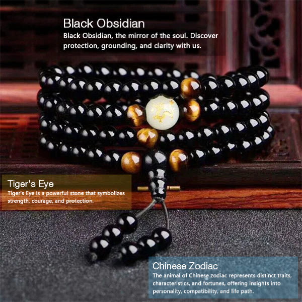 INNERVIBER 108 Beads MALA Natural Black Obsidian Chinese Zodiac Tiger Eye Protection Bracelet Necklace INNERVIBER