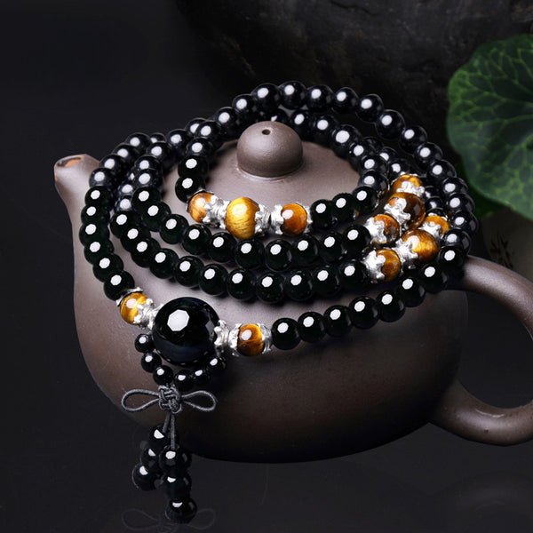 INNERVIBER 108 Beads MALA Natural Black Obsidian Tiger Eye Blessing Bracelet Necklace INNERVIBER