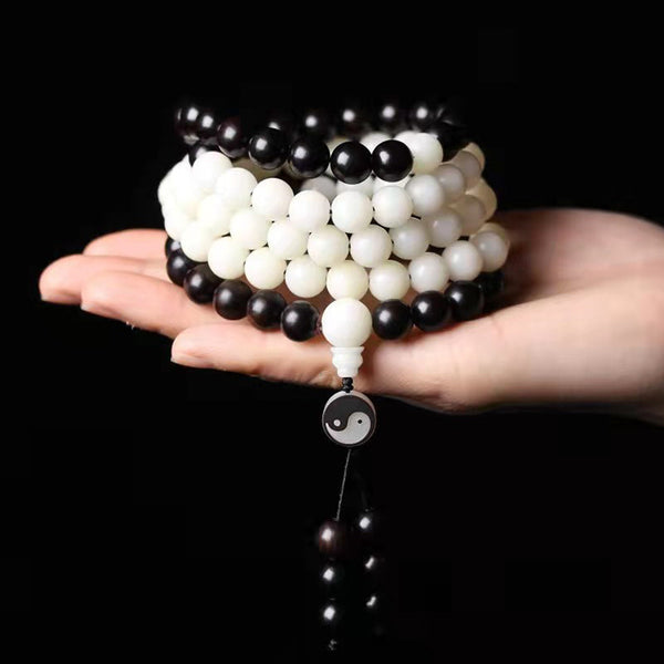 INNERVIBER 108 Beads MALA White Jade Black Sandalwood Tai Chi Bracelet INNERVIBER
