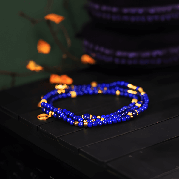 INNERVIBER 24k Gold Plated Lapis Lazuli  Inner Peace Triple Wrap Beads Necklace Pendant INNERVIBER