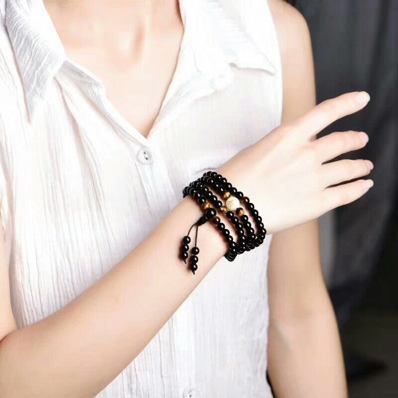INNERVIBER 108 Beads MALA Natural Black Obsidian Chinese Zodiac Tiger Eye Protection Bracelet Necklace Bracelet INNERVIBER 5