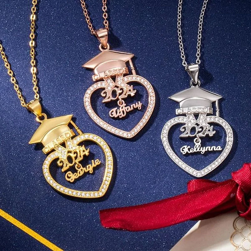 Personalized Graduation Cap Heart Zircon Necklace with Name Class of 2024 Graduation Gift for Her